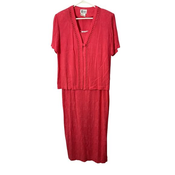 90’s K Studio Size 10 Coral Embroidered Floral 2 Piece Dress & Jacket - Picture 4 of 6